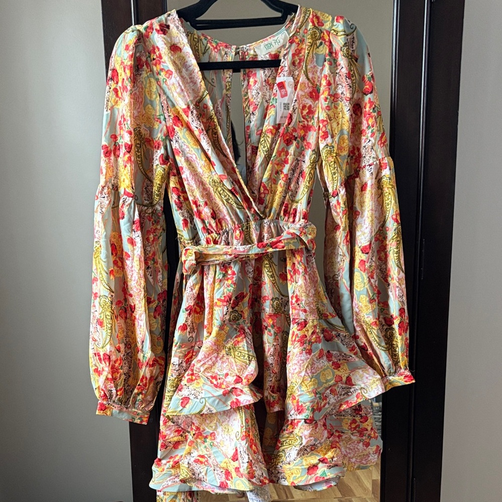 LoveShackFancy Paisley Floral Wrap Mini Dress - Coral, Yellow, Aqua